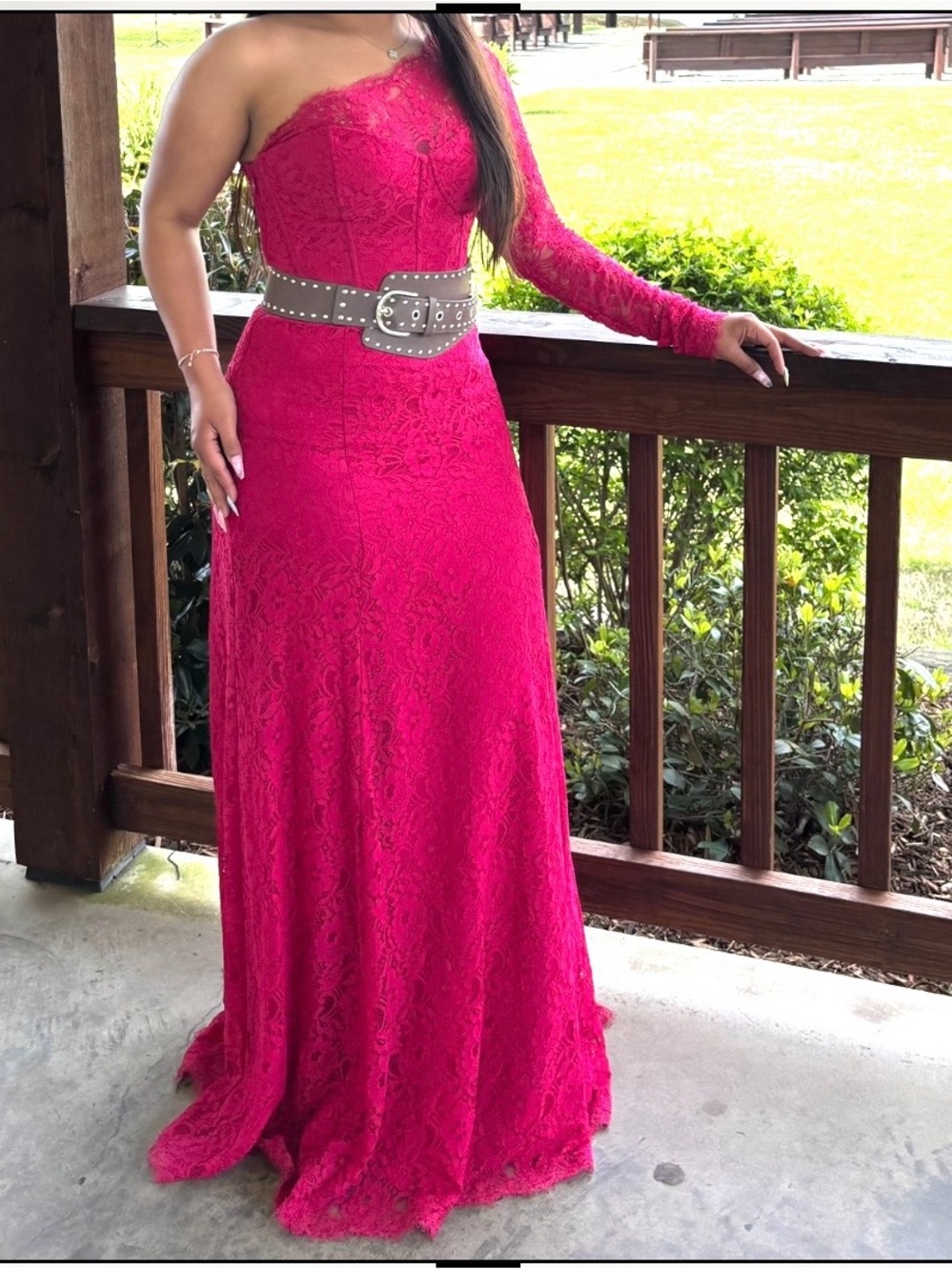 BCBGMaxAzria One-Shoulder Hot Pink Lace Gown